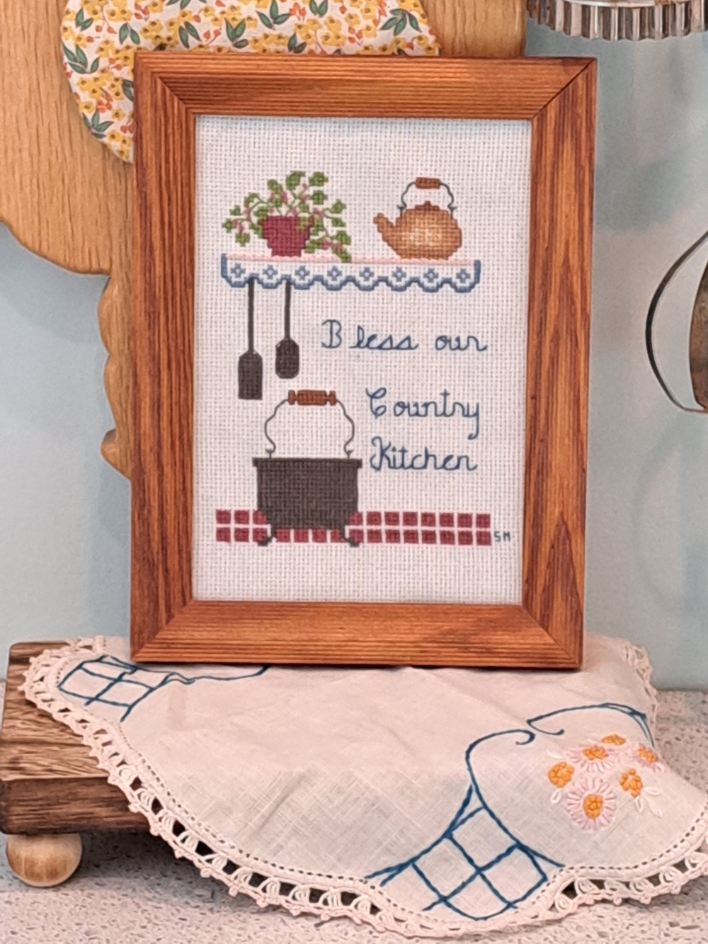 Country Kitchen Cross-Stitch Wall Art - Brown Frame, Multicolor Design